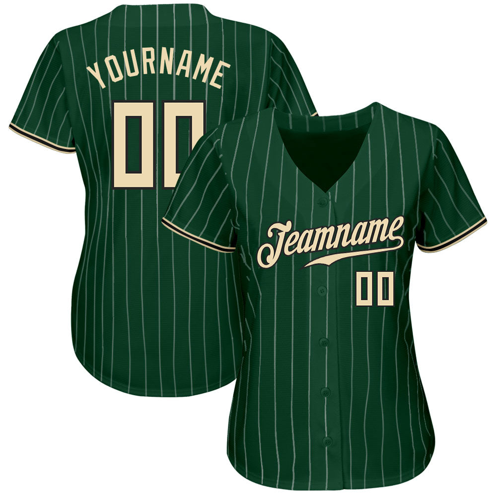 Custom Green White Pinstripe Cream-Black Authentic Baseball Jersey view 2