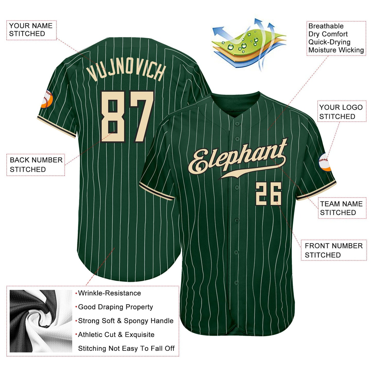 Custom Green White Pinstripe Cream-Black Authentic Baseball Jersey view 3