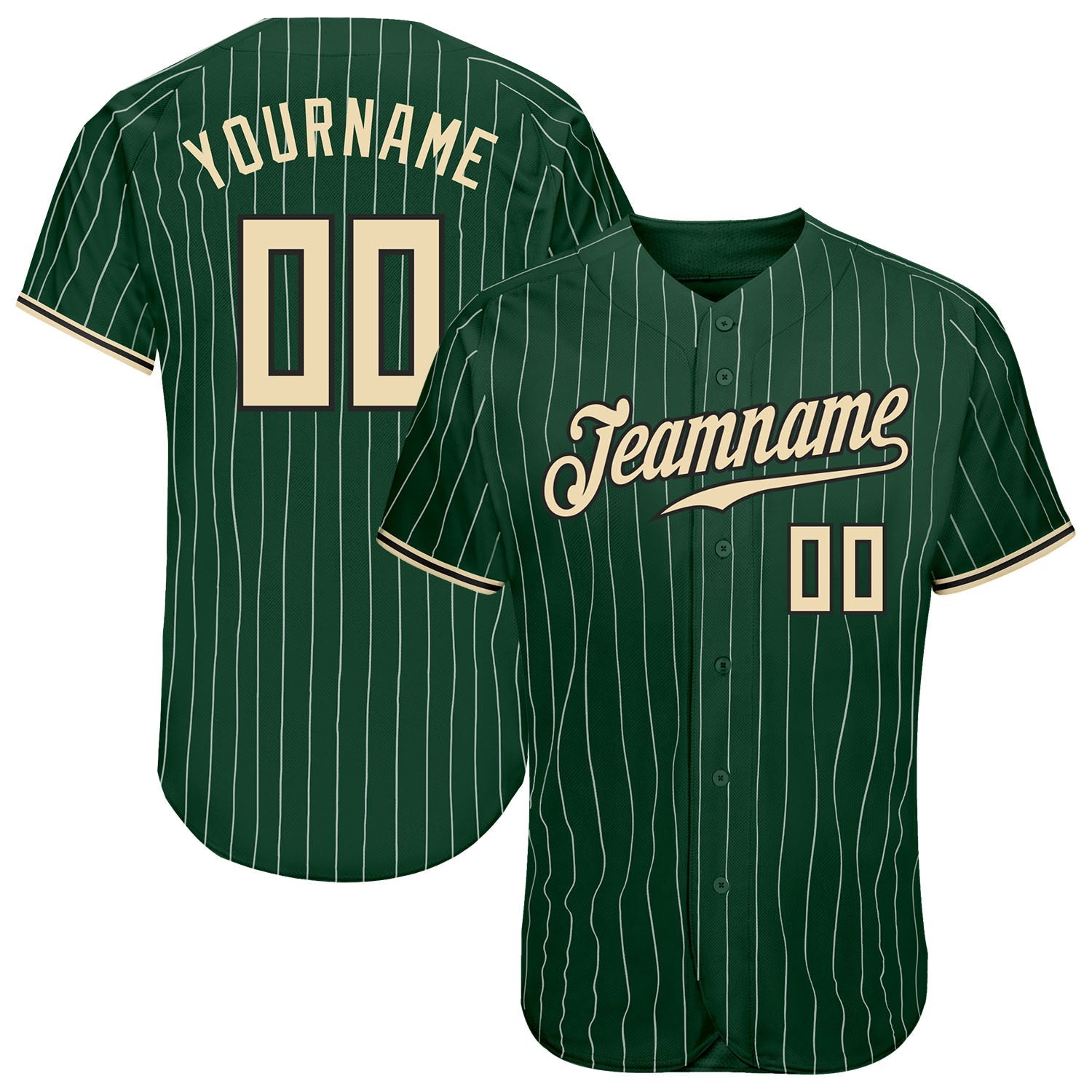 Custom Green White Pinstripe Cream-Black Authentic Baseball Jersey - Main View