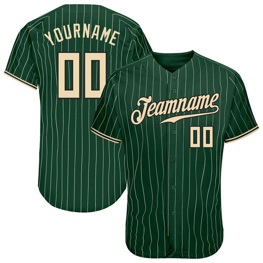 Custom Green White Pinstripe Cream-Black Authentic Baseball Jersey - Main View