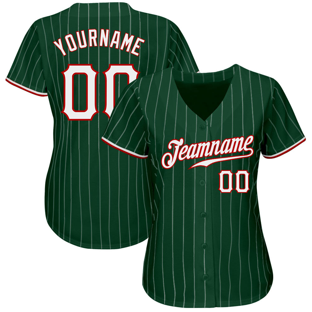 Custom Green White Pinstripe White-Red Authentic Baseball Jersey view 2