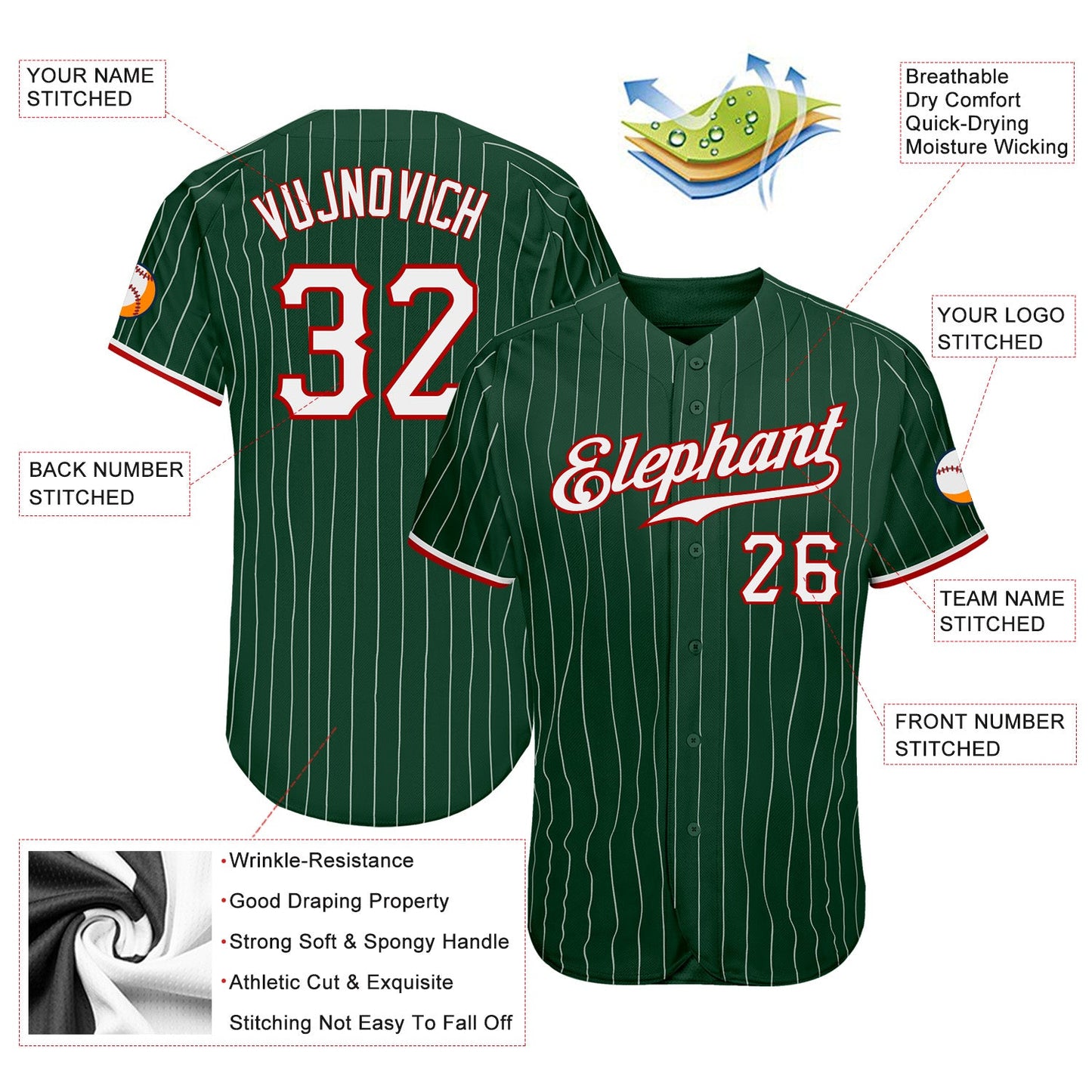 Custom Green White Pinstripe White-Red Authentic Baseball Jersey view 3