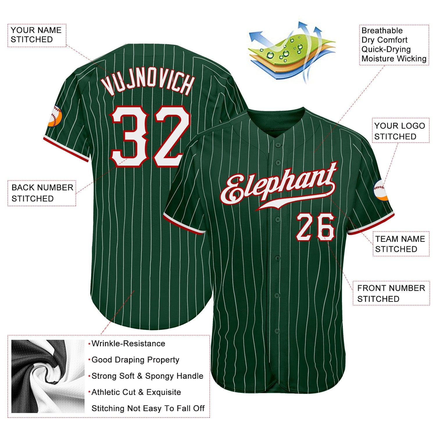 Custom Green White Pinstripe White-Red Authentic Baseball Jersey view 3