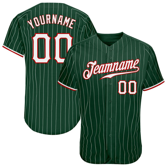 Custom Green White Pinstripe White-Red Authentic Baseball Jersey - Main View