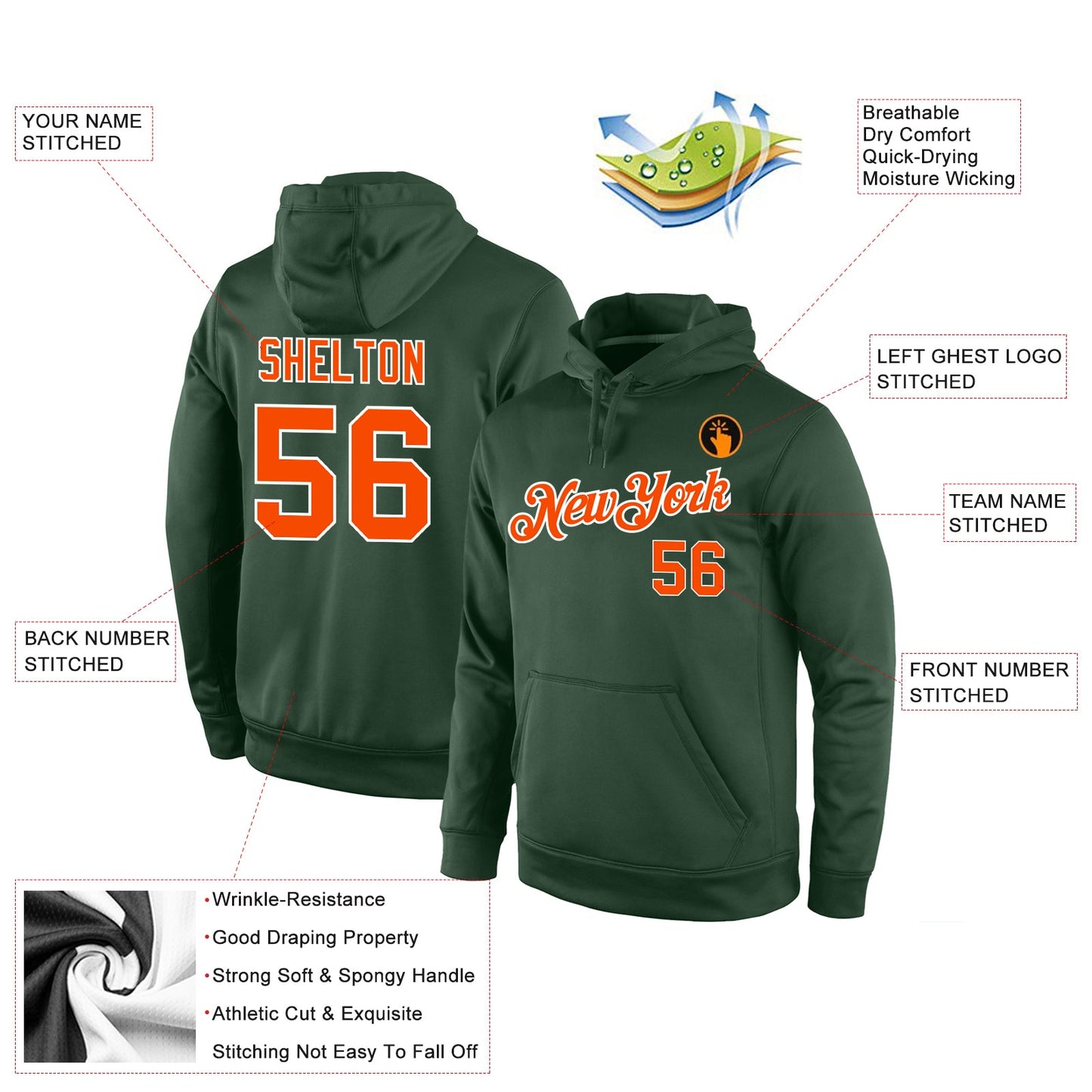 Custom Stitched Green Orange-White Sports Pullover Sweatshirt Hoodie view 4