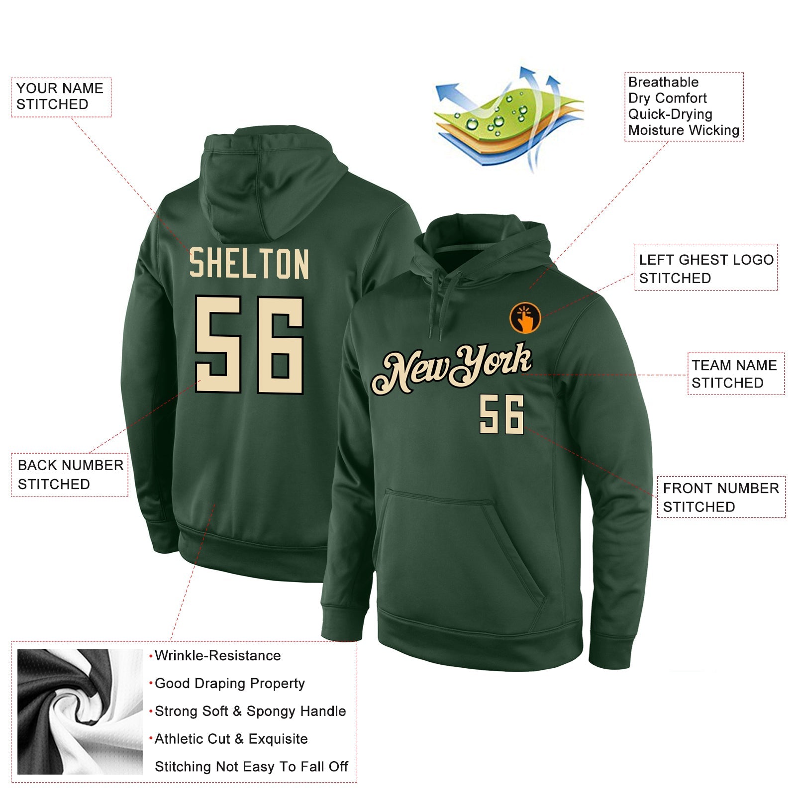 Custom Stitched Green Cream-Black Sports Pullover Sweatshirt Hoodie view 4