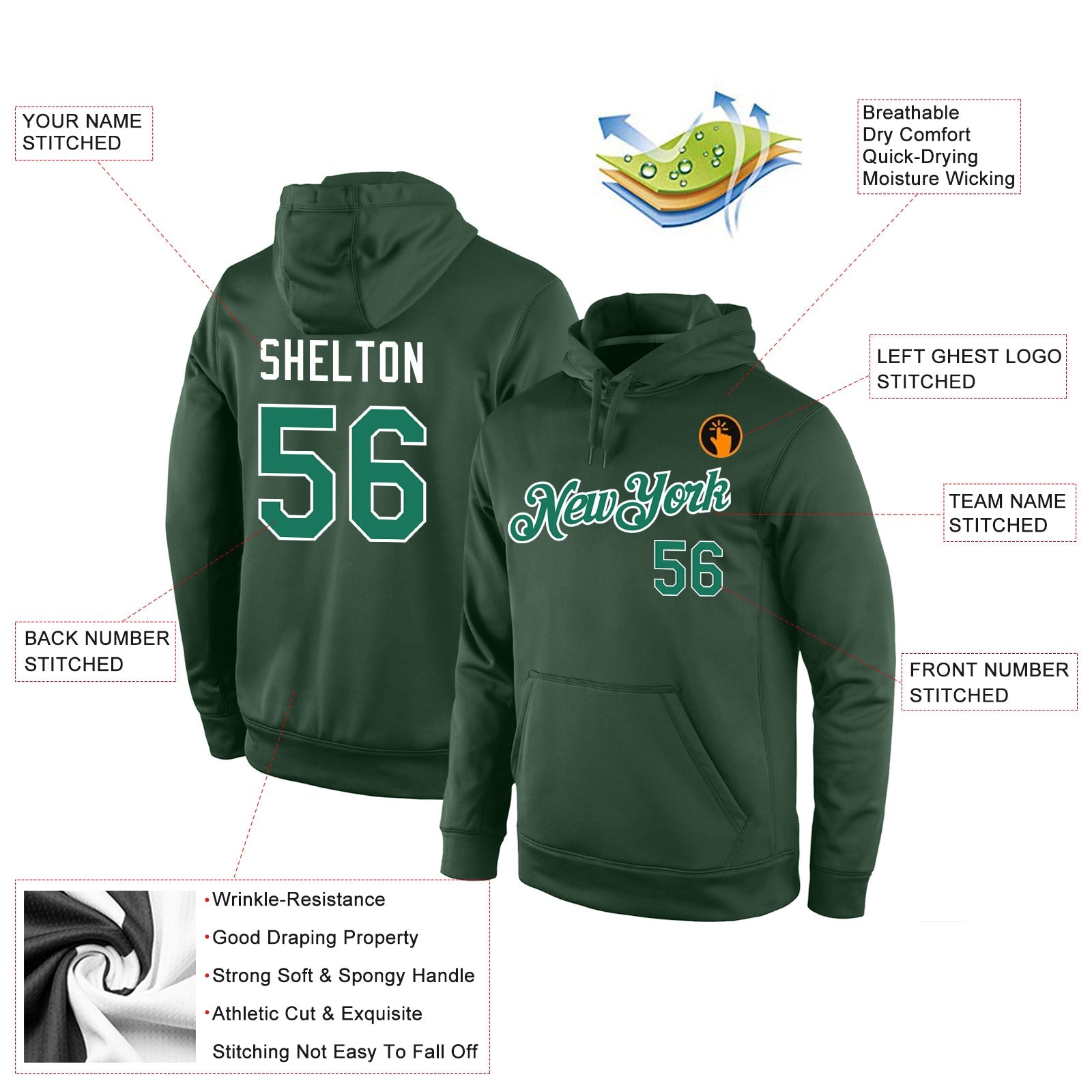 Custom Stitched Green Kelly Green-White Sports Pullover Sweatshirt Hoodie view 4