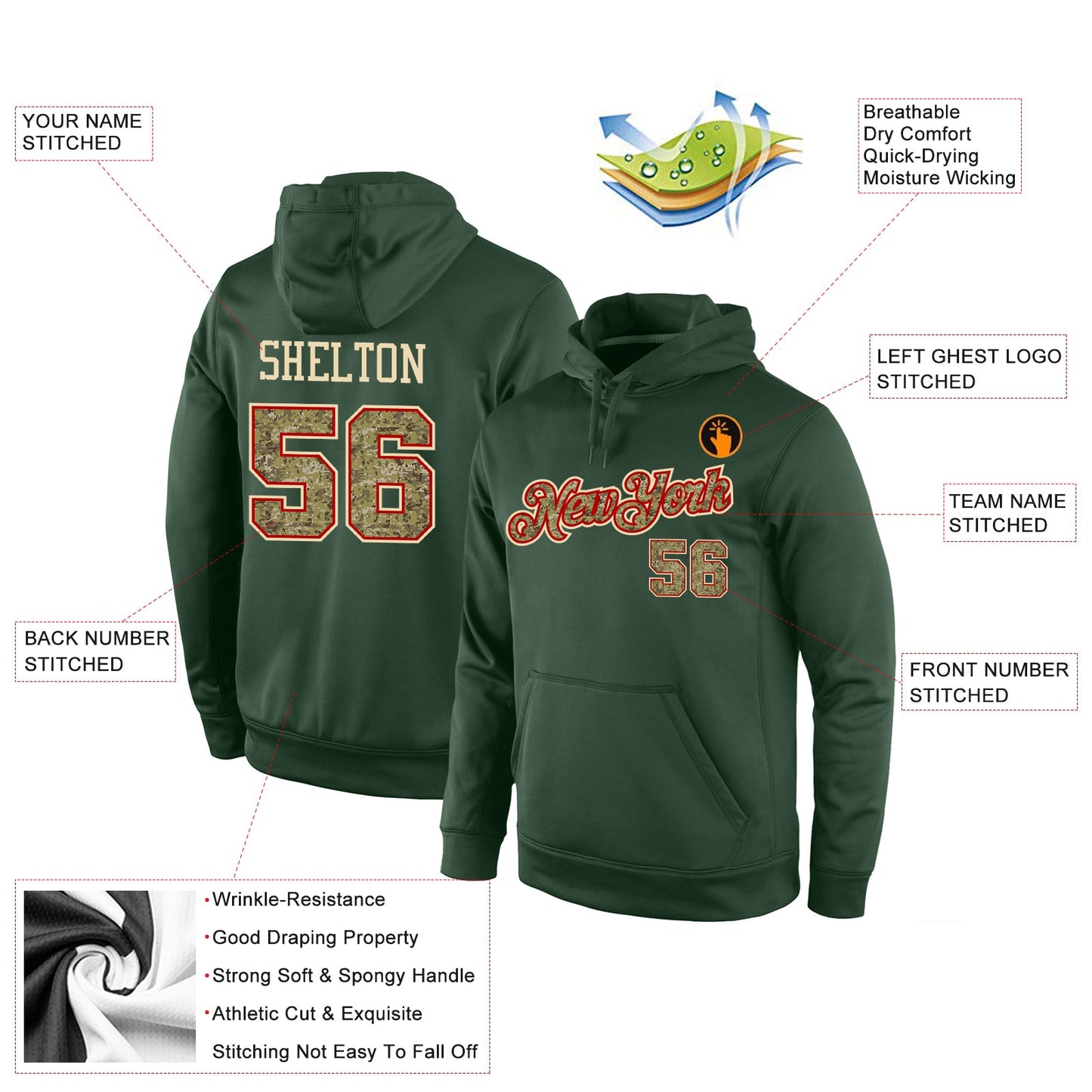 Custom Stitched Green Camo-Red Sports Pullover Sweatshirt Hoodie view 4