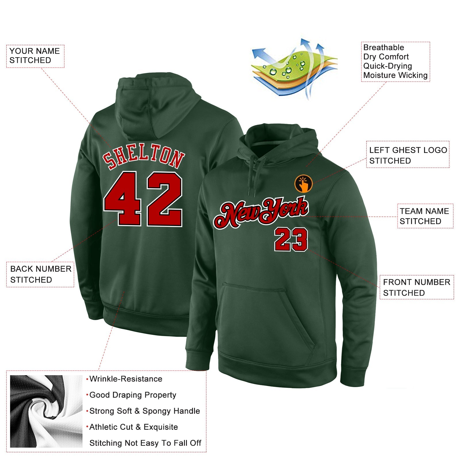 Custom Stitched Green Red-Black Sports Pullover Sweatshirt Hoodie view 4