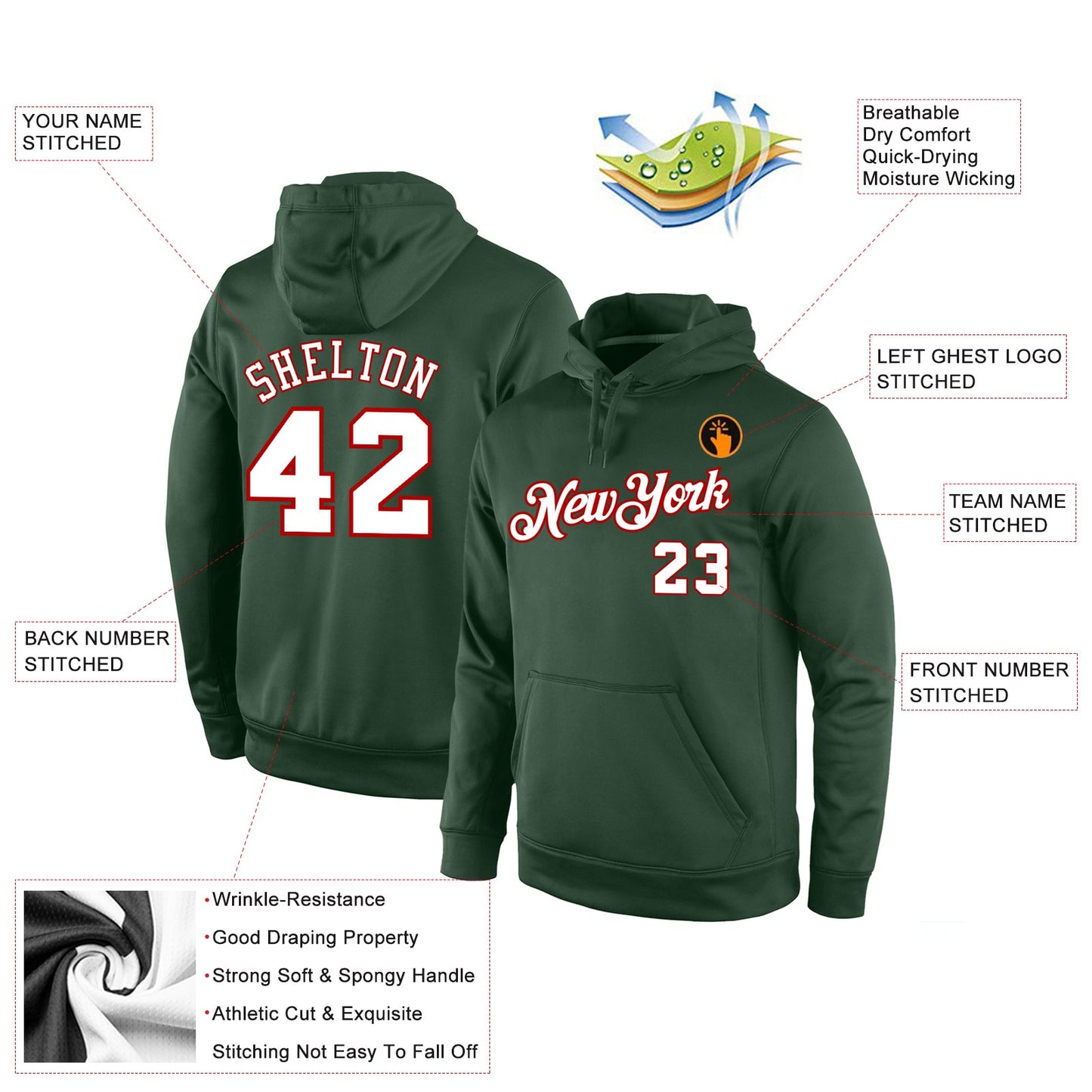 Custom Stitched Green White-Red Sports Pullover Sweatshirt Hoodie view 4