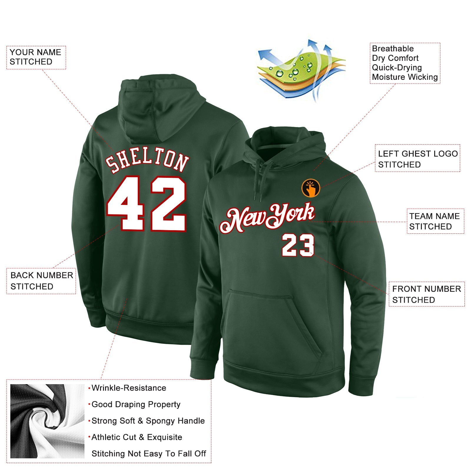 Custom Stitched Green White-Red Sports Pullover Sweatshirt Hoodie view 4