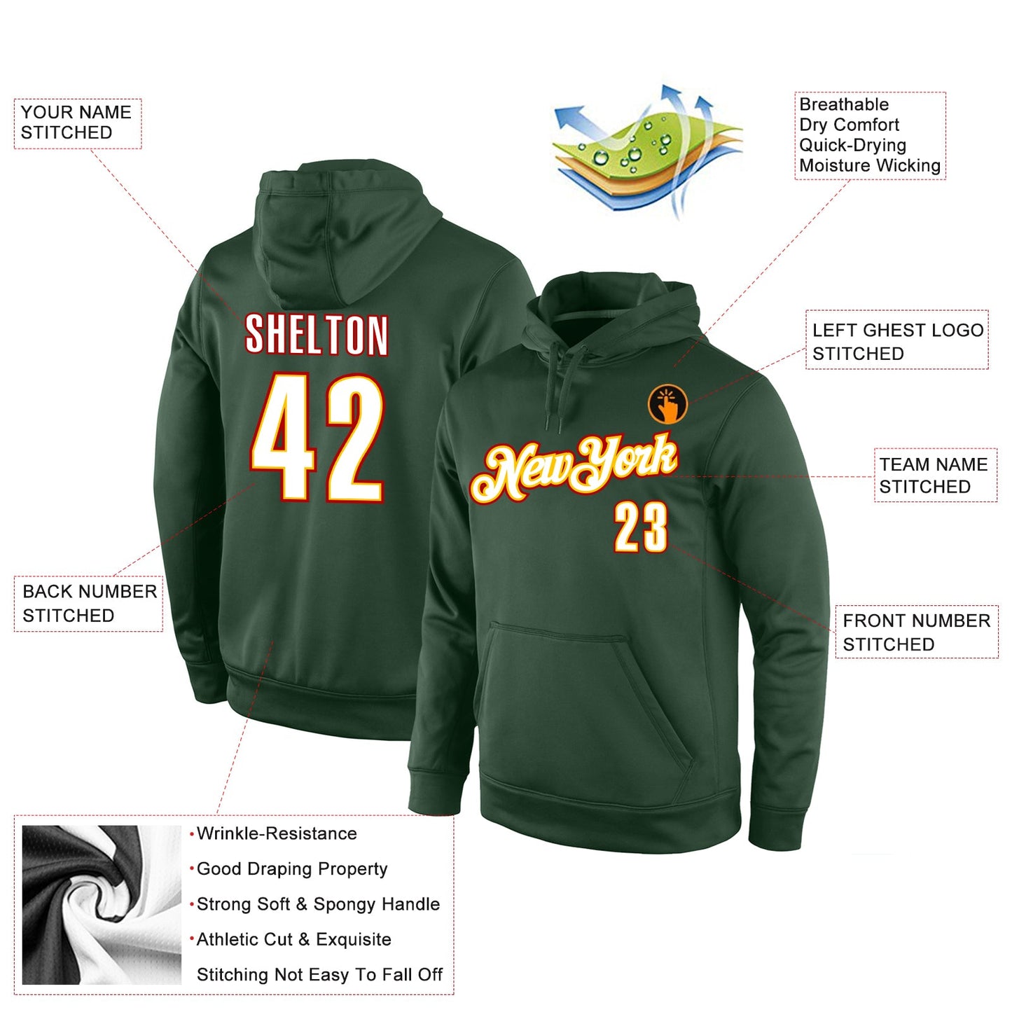 Custom Stitched Green White-Red Sports Pullover Sweatshirt Hoodie view 4