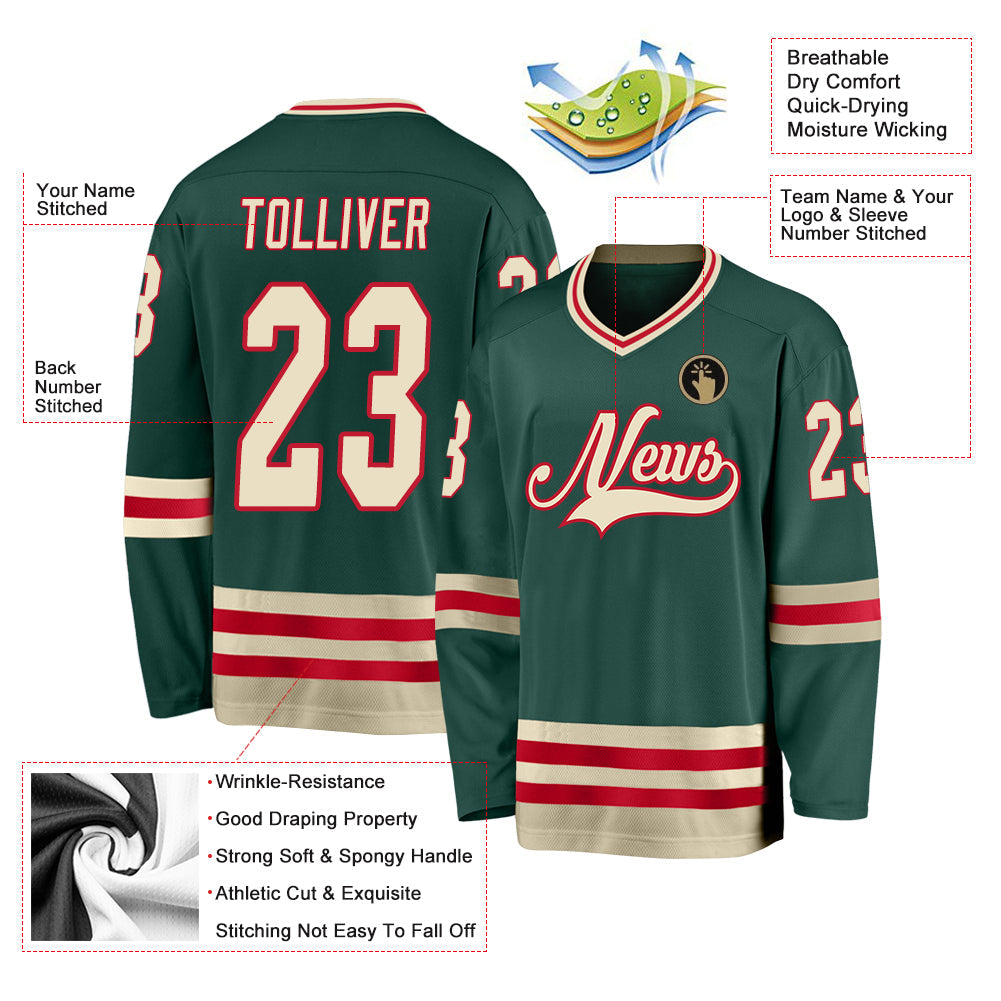 Custom Green Cream-Red Hockey Jersey view 4
