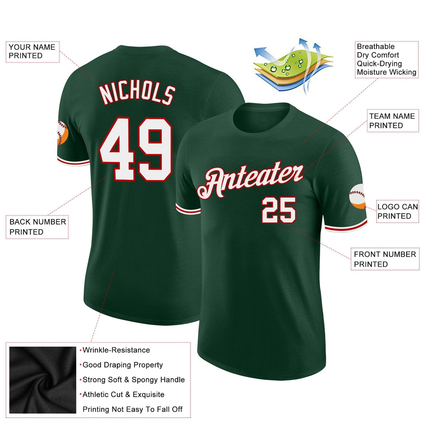 Custom Green White-Red Performance T-Shirt view 2