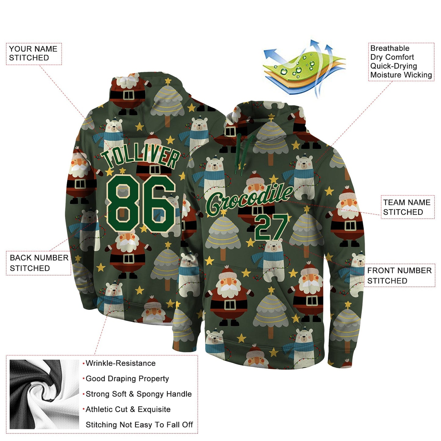 Custom Stitched Green Green-Cream Christmas 3D Sports Pullover Sweatshirt Hoodie view 4