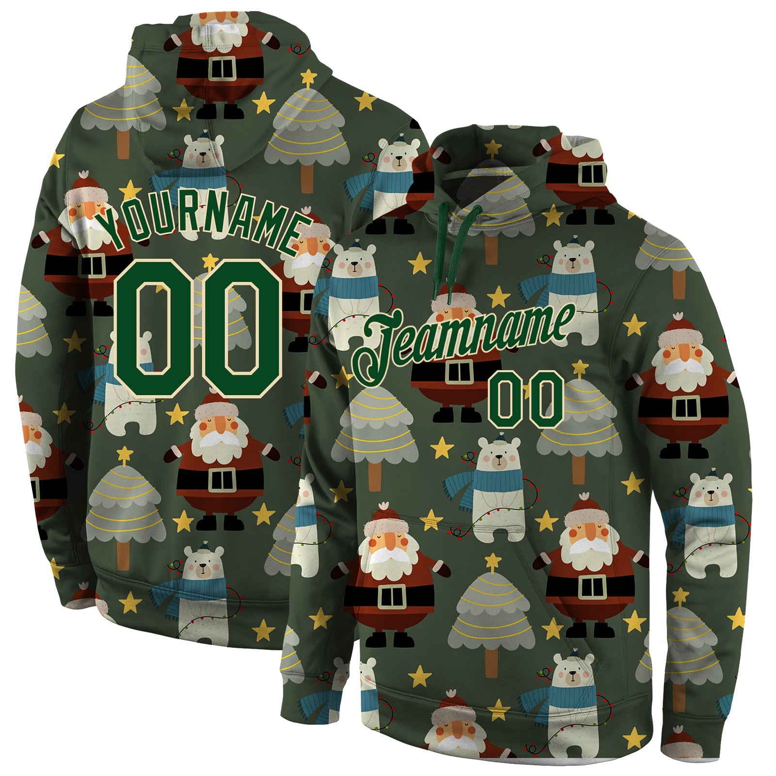 Custom Stitched Green Green-Cream Christmas 3D Sports Pullover Sweatshirt Hoodie - Main View