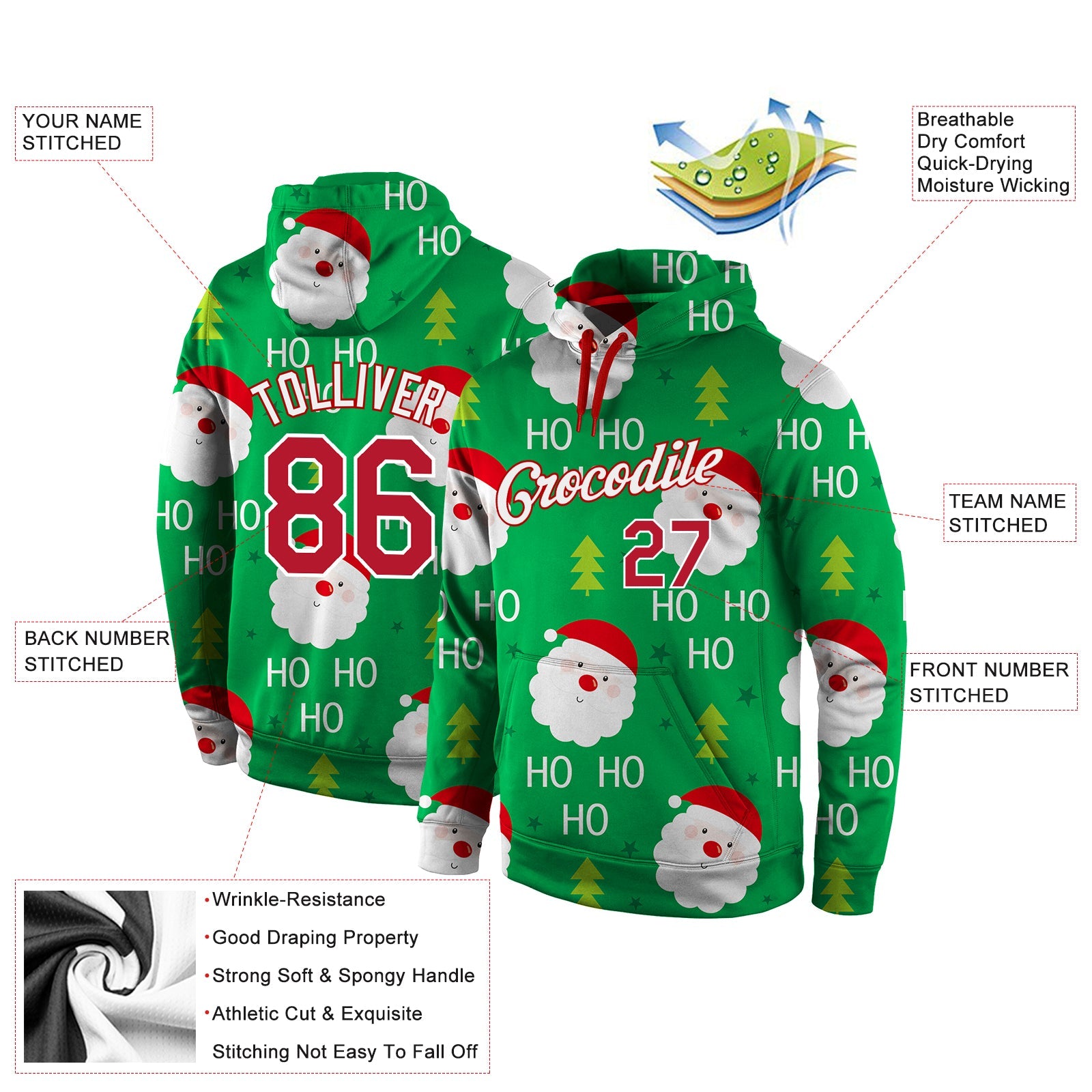 Custom Stitched Green Red-White Christmas 3D Sports Pullover Sweatshirt Hoodie view 4