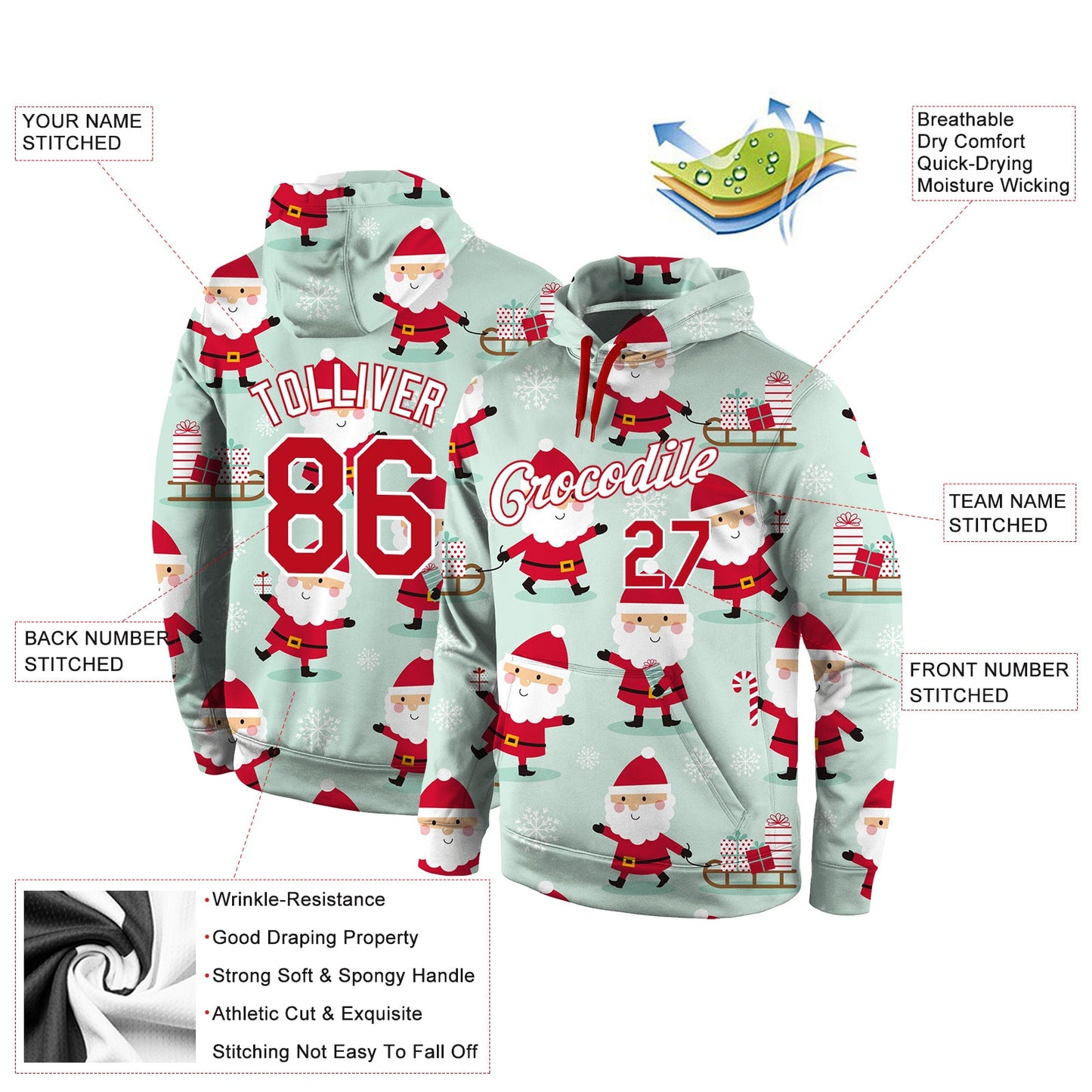 Custom Stitched Green Red-White Christmas 3D Sports Pullover Sweatshirt Hoodie view 4