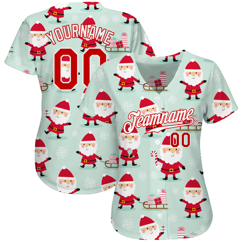 Custom Green Red-White Christmas 3D Authentic Baseball Jersey view 3