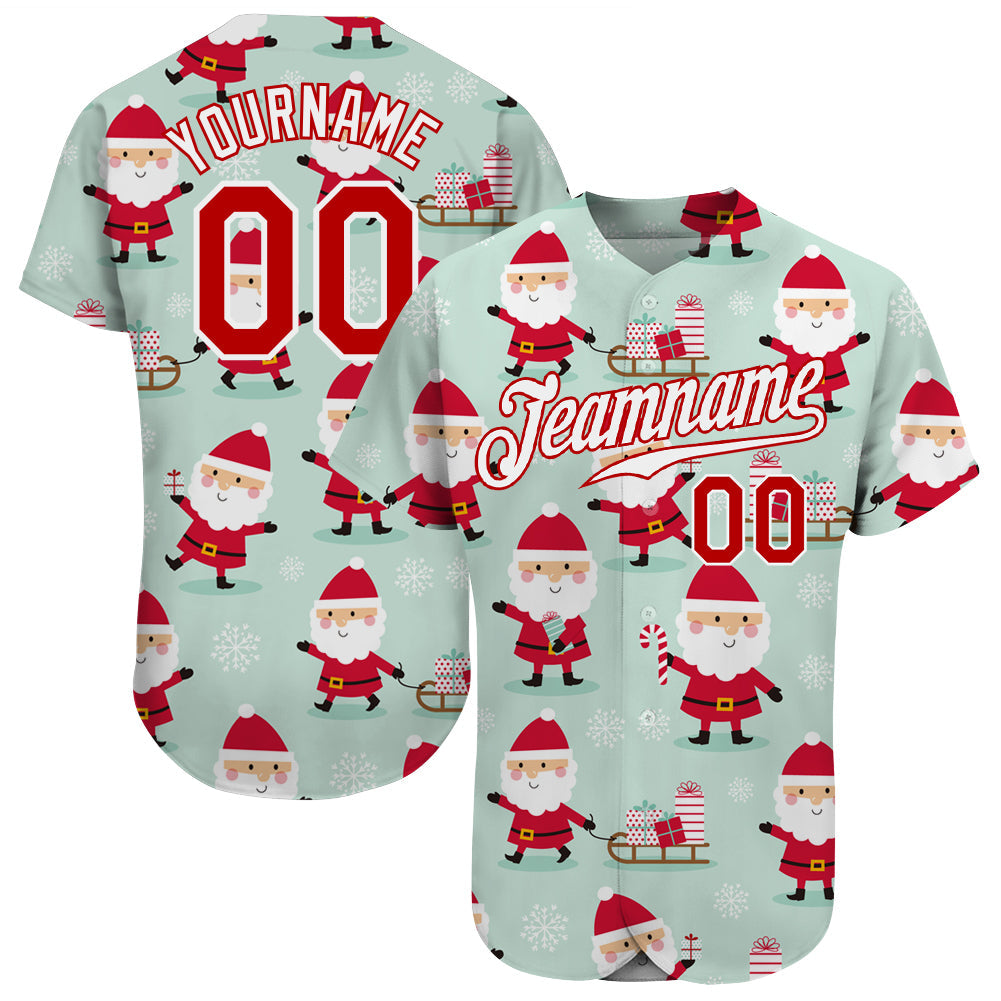 Custom Green Red-White Christmas 3D Authentic Baseball Jersey - Main View