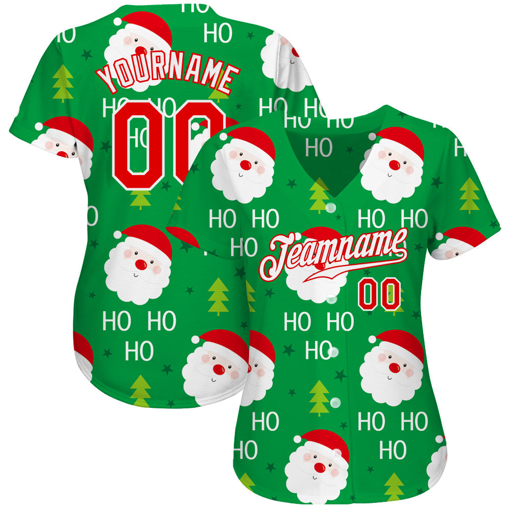 Custom Green Red-White Christmas 3D Authentic Baseball Jersey view 2