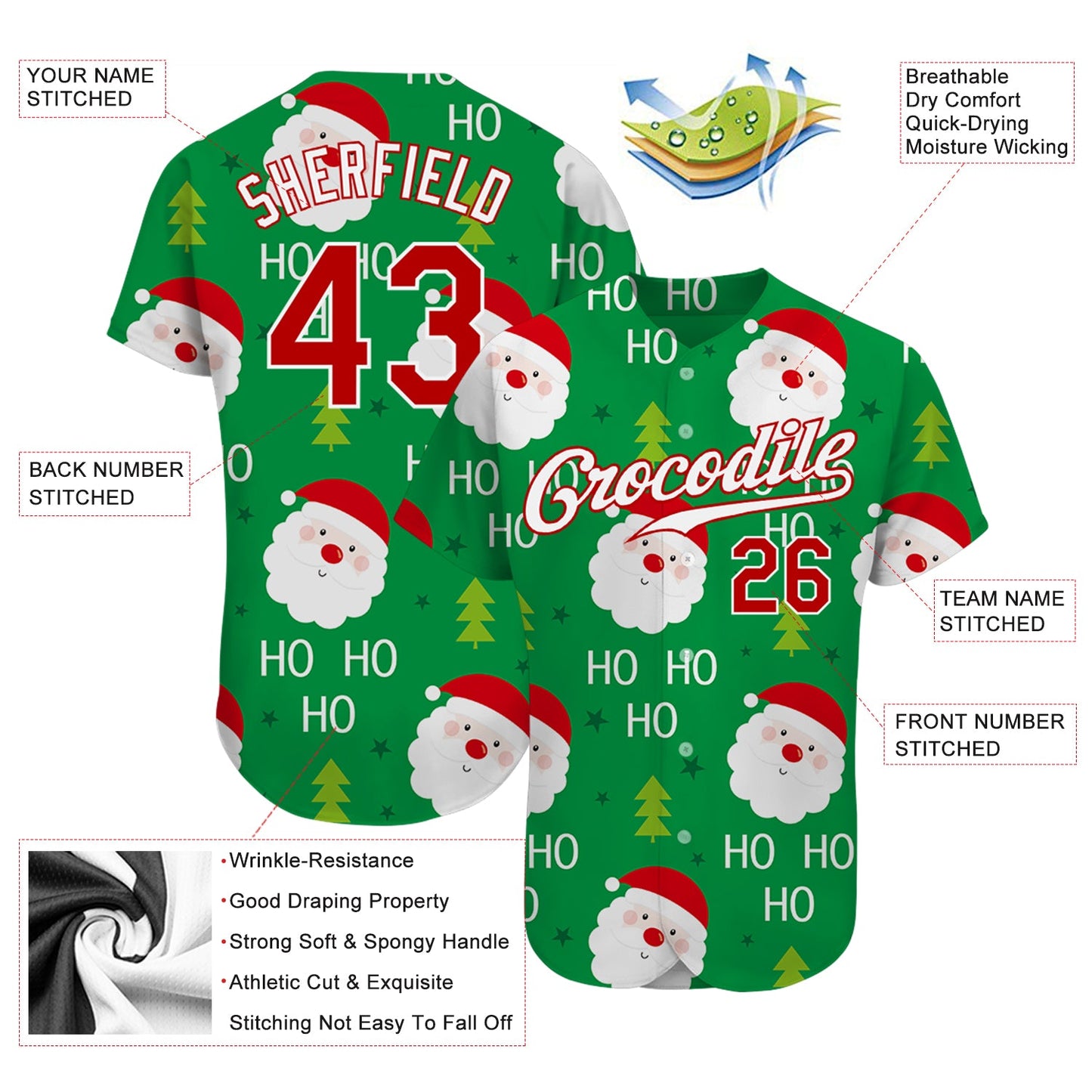 Custom Green Red-White Christmas 3D Authentic Baseball Jersey view 3