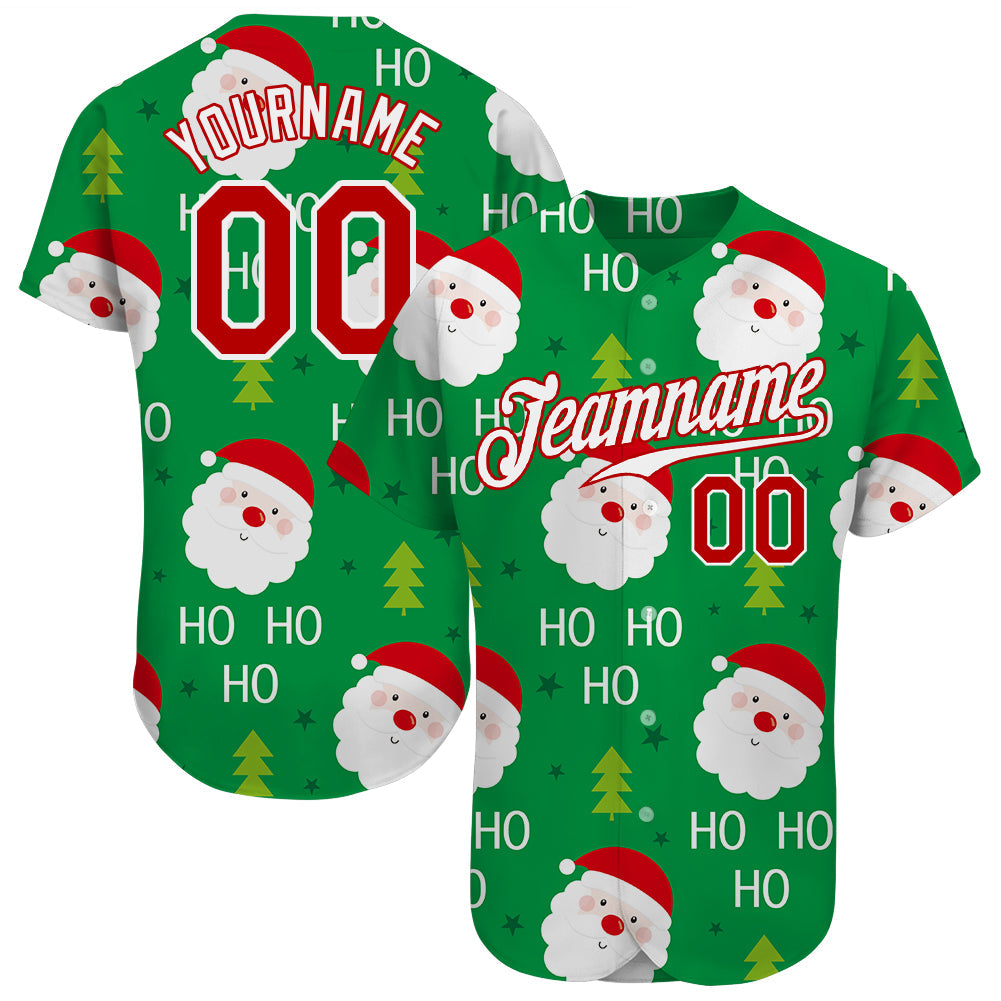 Custom Green Red-White Christmas 3D Authentic Baseball Jersey - Main View