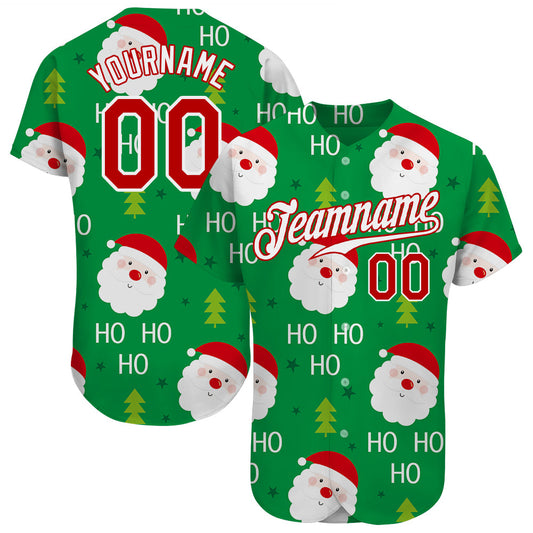Custom Green Red-White Christmas 3D Authentic Baseball Jersey - Main View