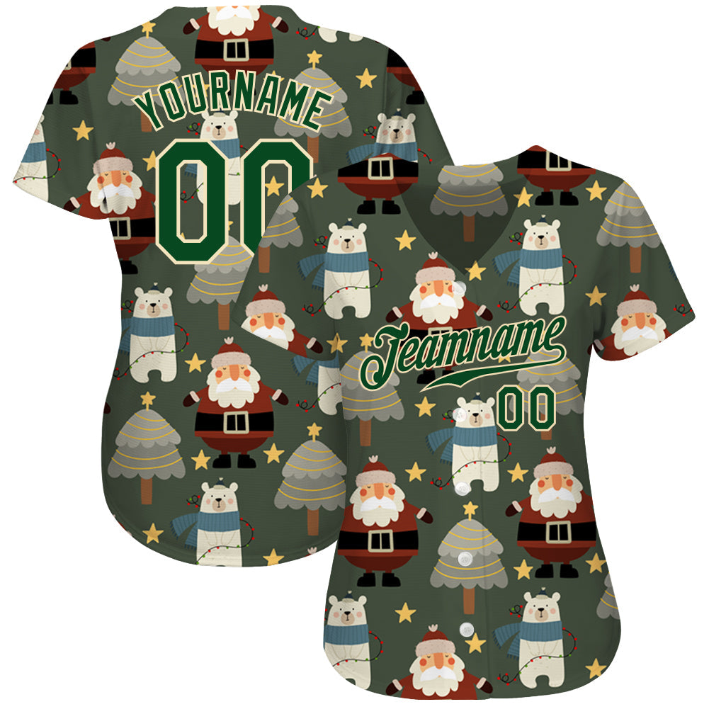 Custom Green Green-Cream Christmas 3D Authentic Baseball Jersey view 2