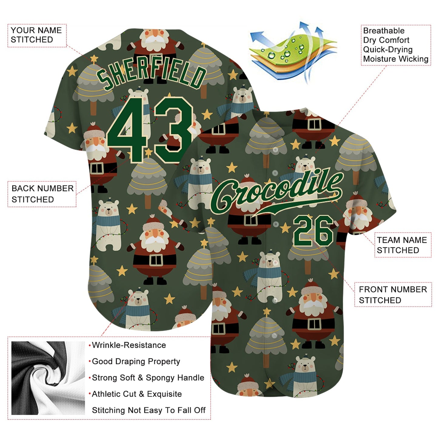 Custom Green Green-Cream Christmas 3D Authentic Baseball Jersey view 3
