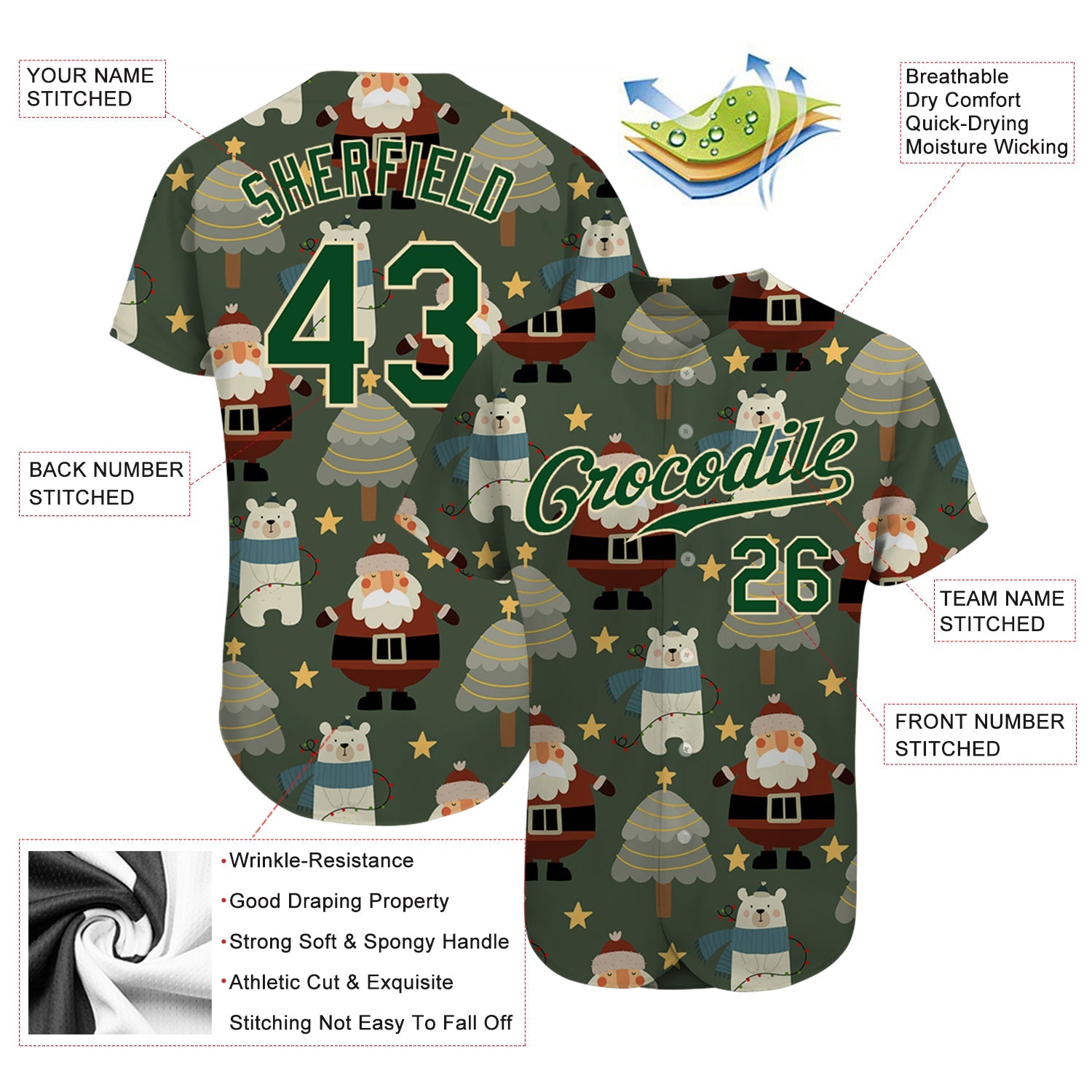 Custom Green Green-Cream Christmas 3D Authentic Baseball Jersey view 3