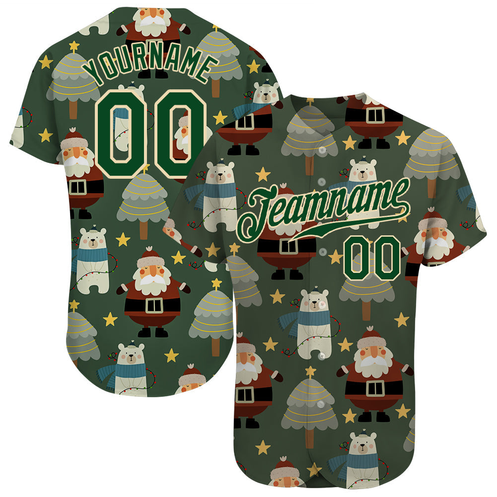Custom Green Green-Cream Christmas 3D Authentic Baseball Jersey - Main View