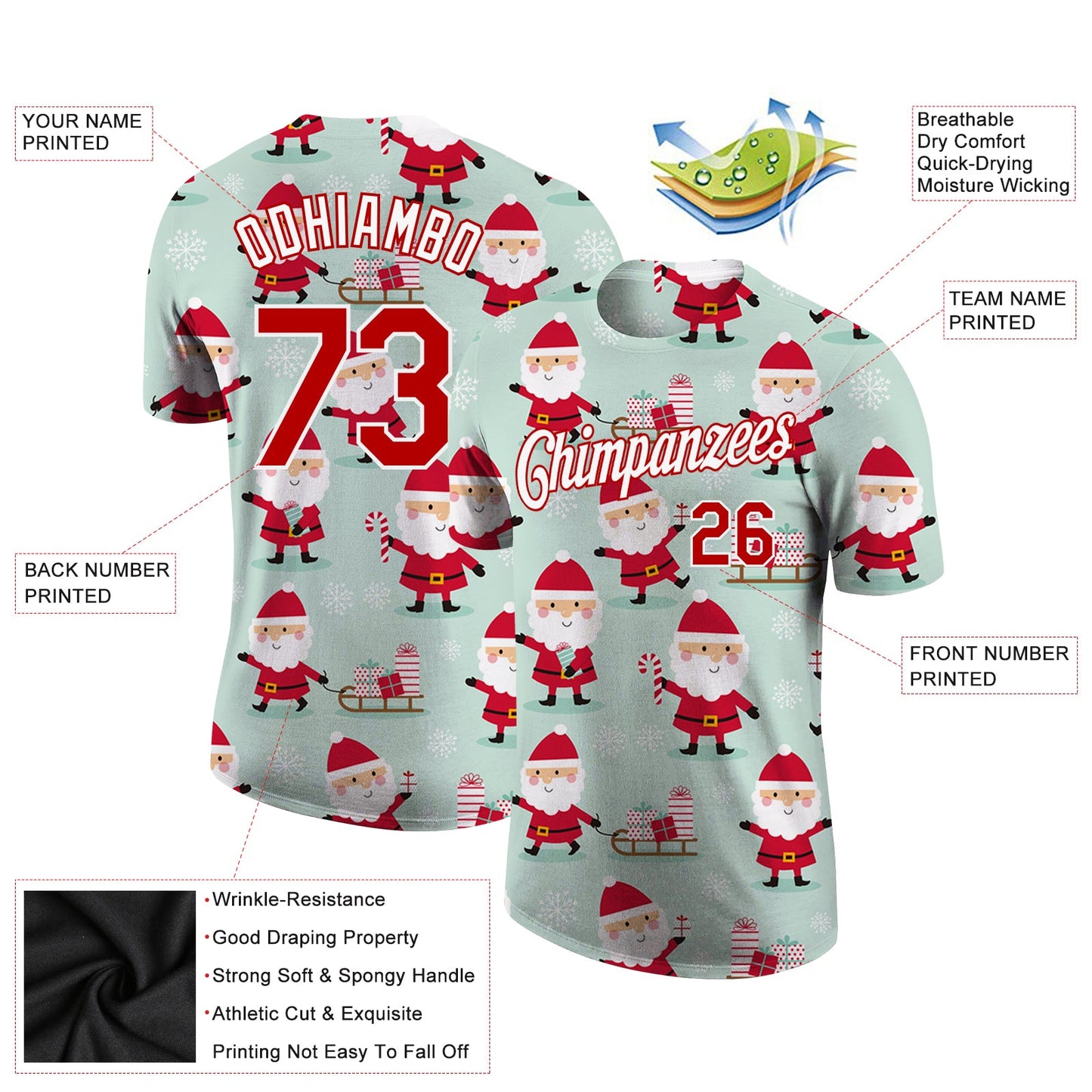 Custom Green Red-White Christmas 3D Performance T-Shirt view 2