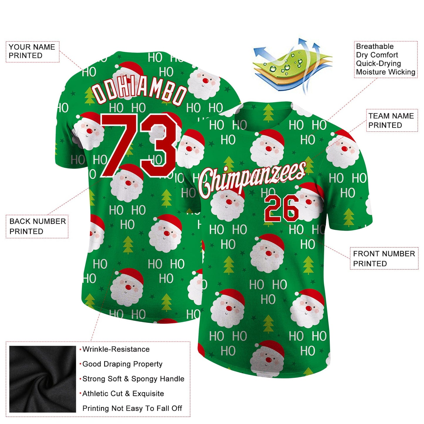 Custom Green Red-White Christmas 3D Performance T-Shirt view 2