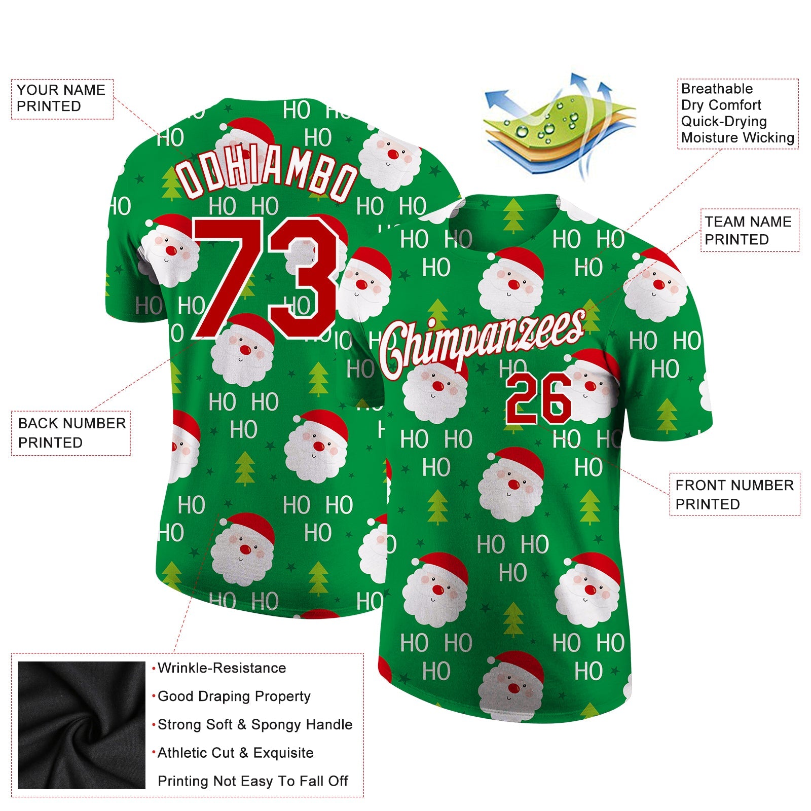 Custom Green Red-White Christmas 3D Performance T-Shirt view 2