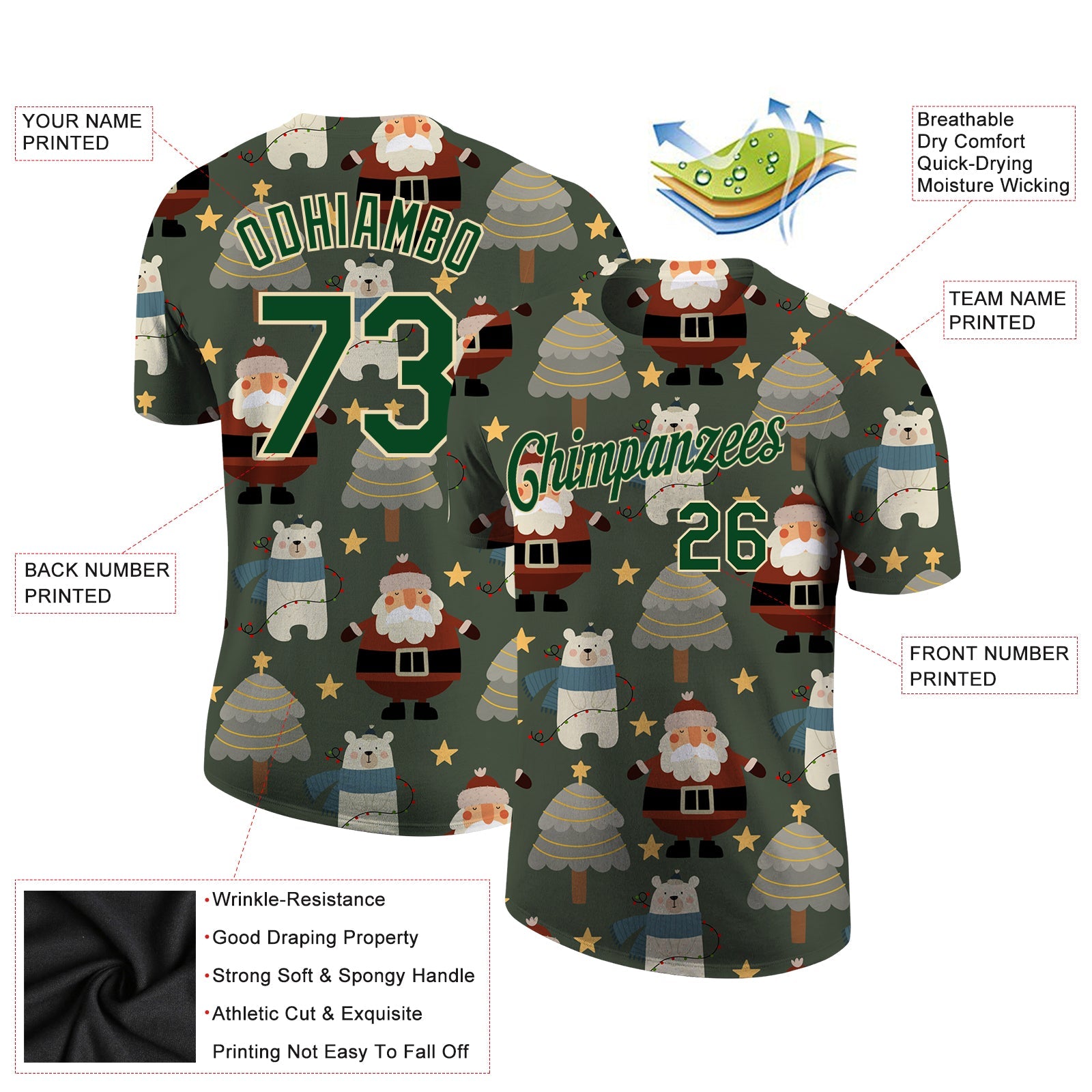 Custom Green Green-Cream Christmas 3D Performance T-Shirt view 2