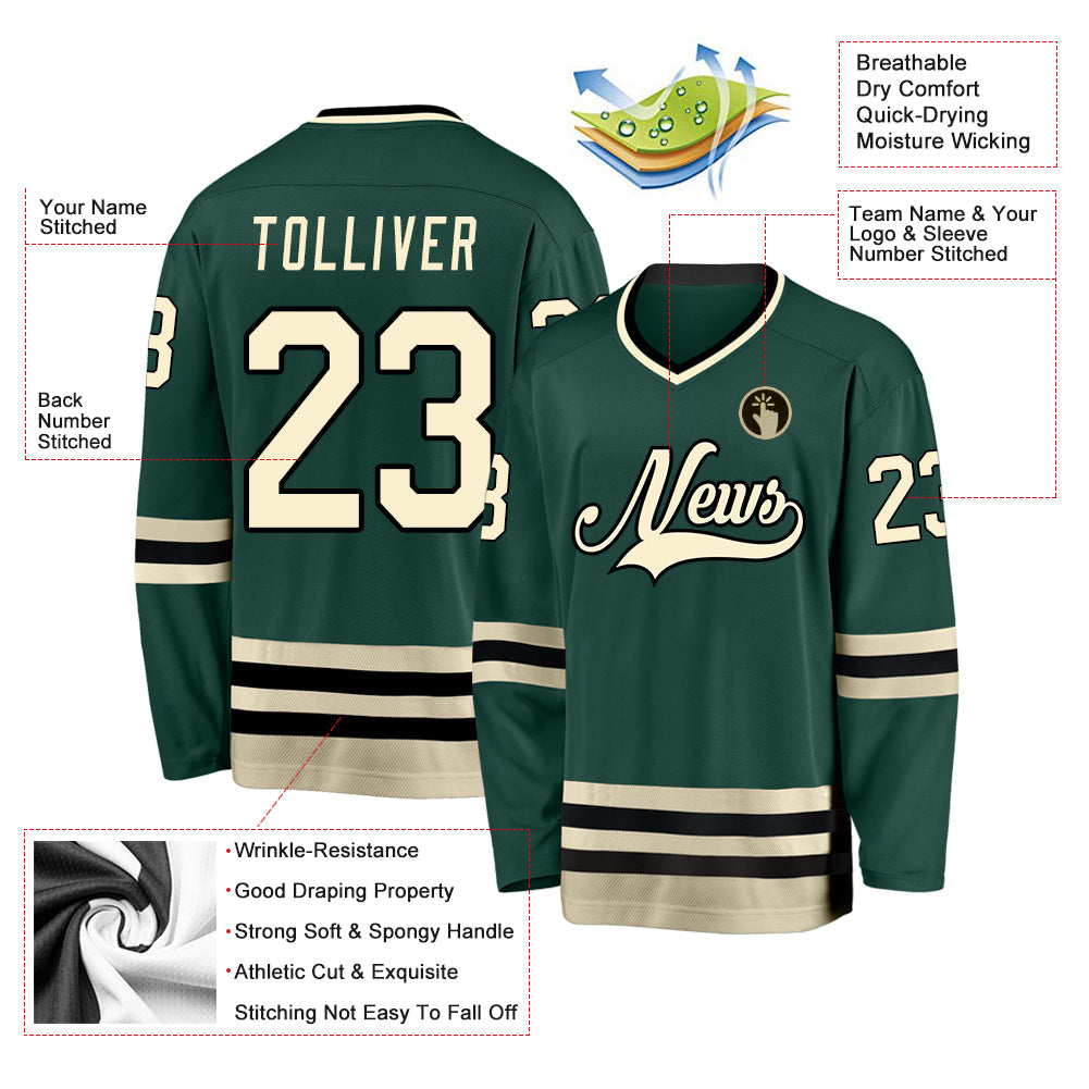 Custom Green Cream-Black Hockey Jersey view 2