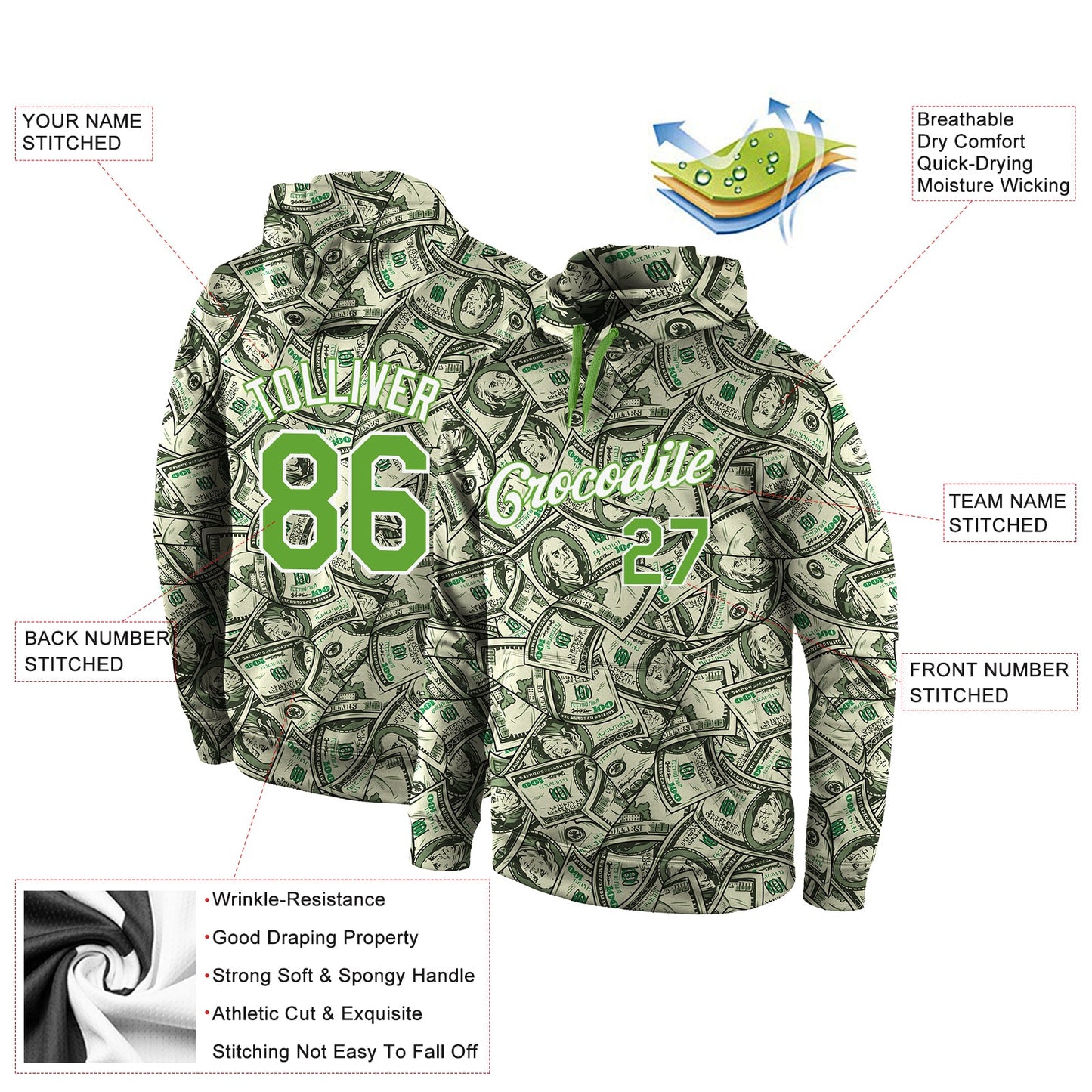 Custom Stitched Green Neon Green-White 3D Pattern Design Dollar Sports Pullover Sweatshirt Hoodie view 2