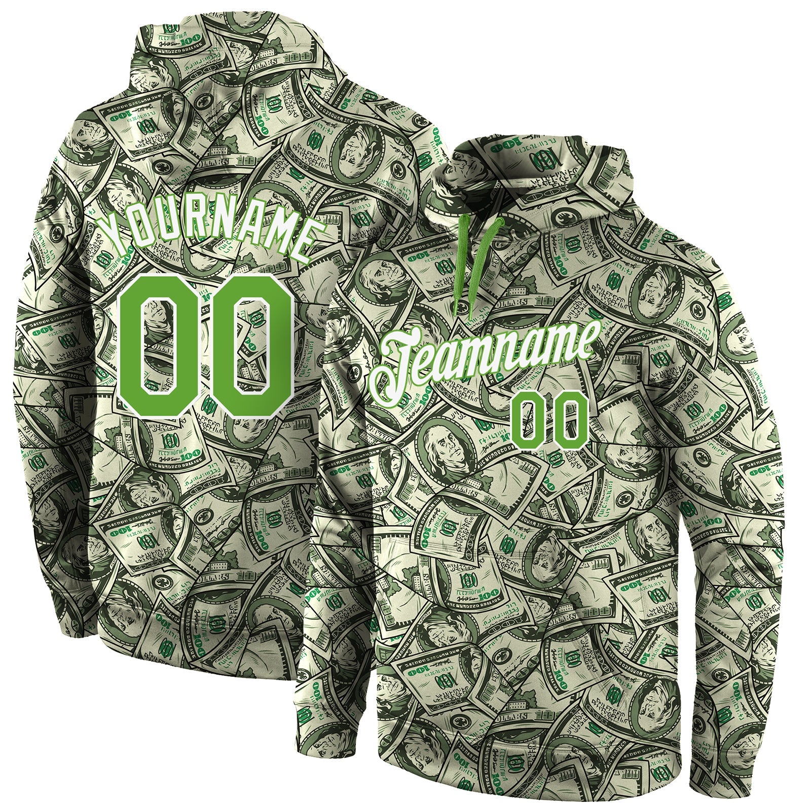 Custom Stitched Green Neon Green-White 3D Pattern Design Dollar Sports Pullover Sweatshirt Hoodie - Main View
