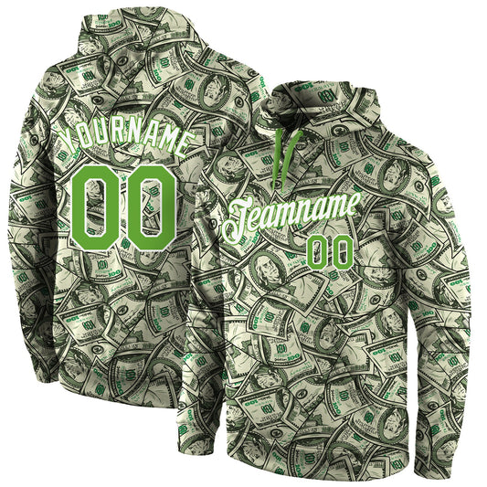 Custom Stitched Green Neon Green-White 3D Pattern Design Dollar Sports Pullover Sweatshirt Hoodie - Main View