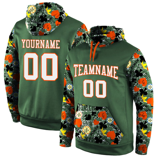 Custom Stitched Green White-Orange 3D Pattern Design Sports Pullover Sweatshirt Hoodie - Main View