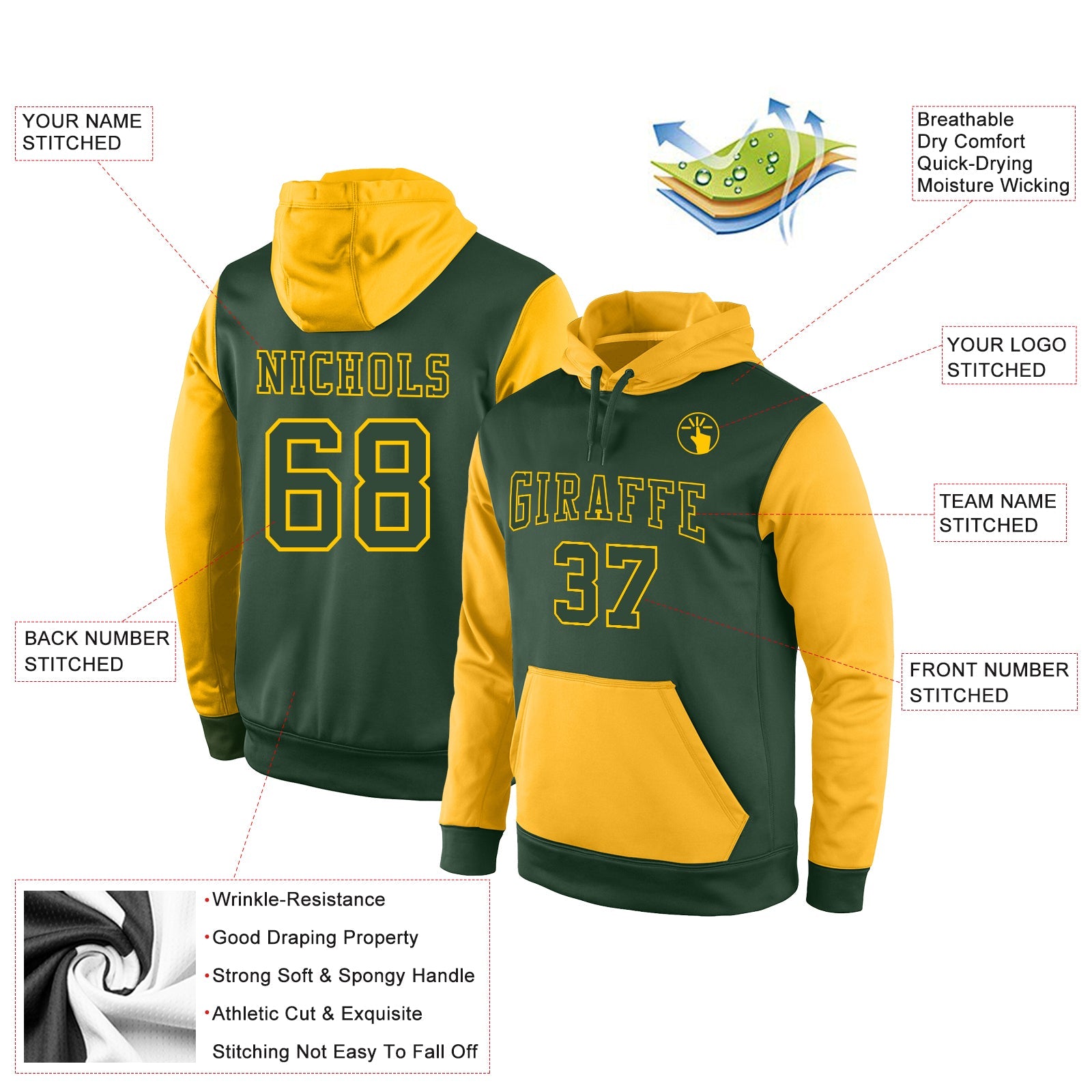 Custom Stitched Green Green-Gold Sports Pullover Sweatshirt Hoodie view 2