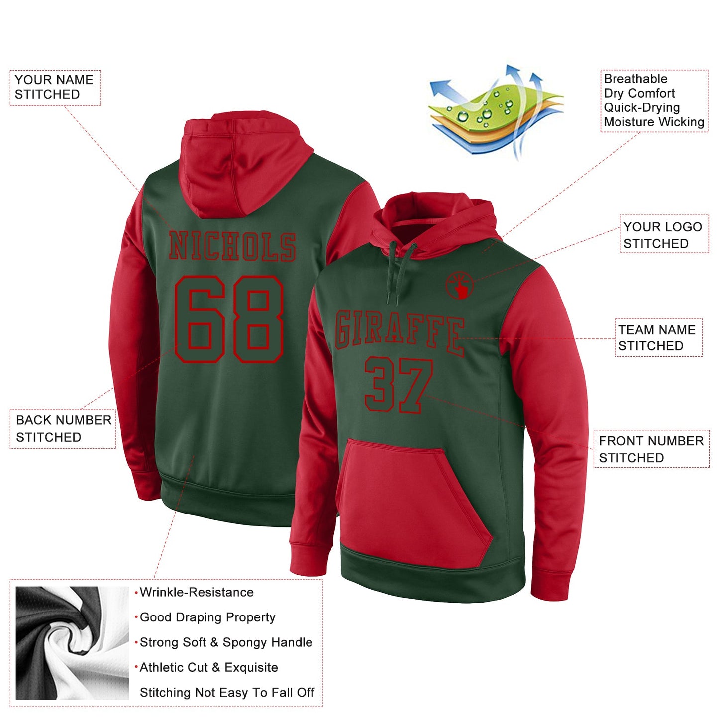 Custom Stitched Green Green-Red Sports Pullover Sweatshirt Hoodie view 2