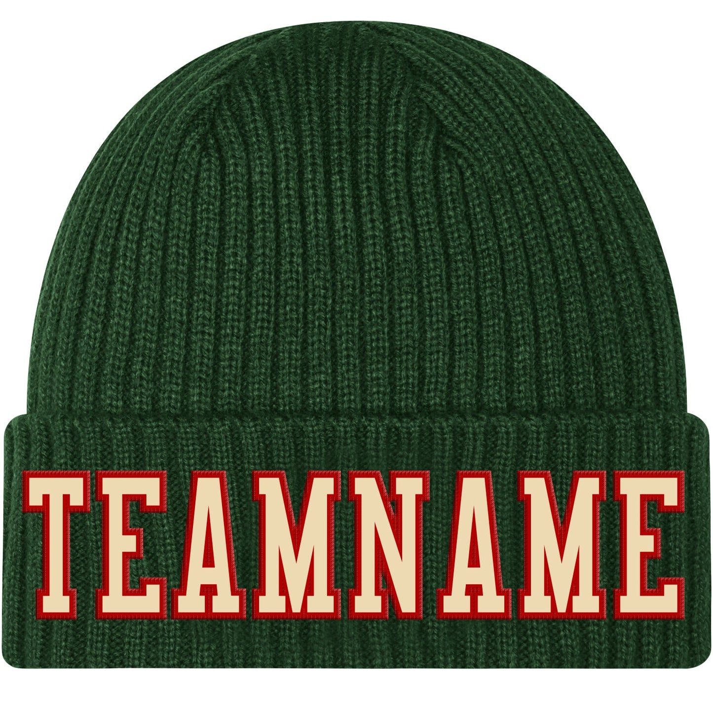 Custom Green Cream-Red Stitched Cuffed Knit Hat - Main View