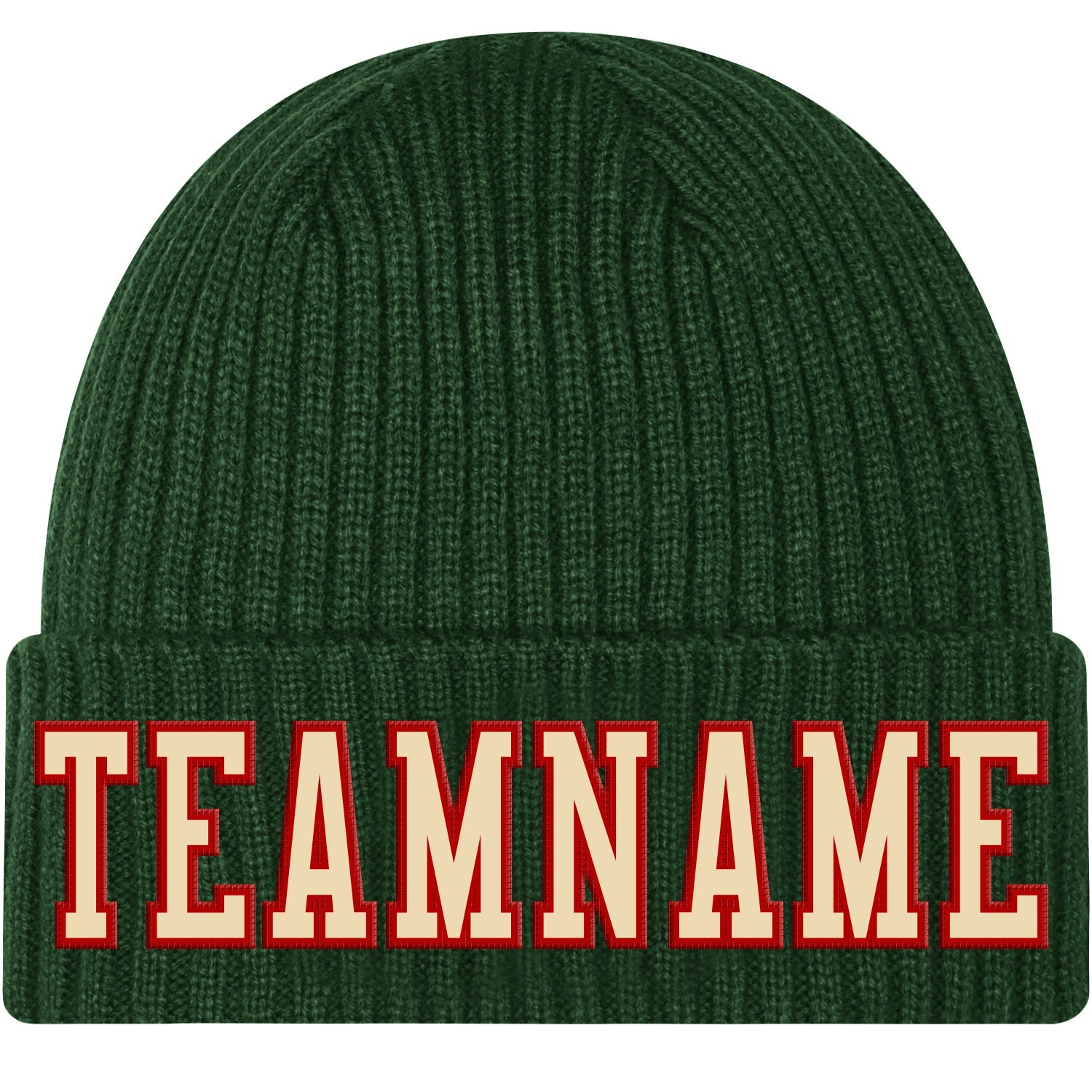 Custom Green Cream-Red Stitched Cuffed Knit Hat - Main View