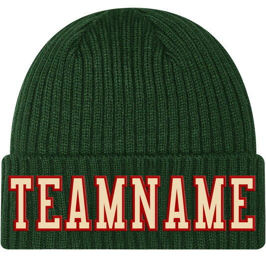 Custom Green Cream-Red Stitched Cuffed Knit Hat - Main View