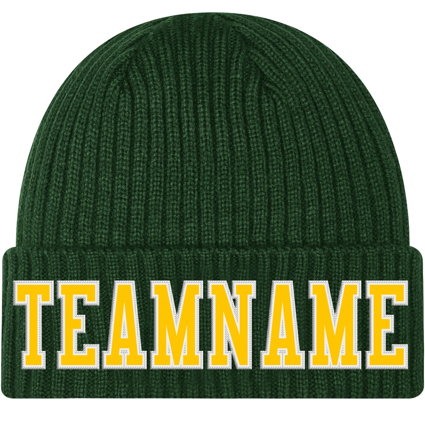 Custom Green Gold-White Stitched Cuffed Knit Hat - Main View