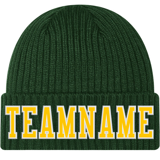 Custom Green Gold-White Stitched Cuffed Knit Hat - Main View