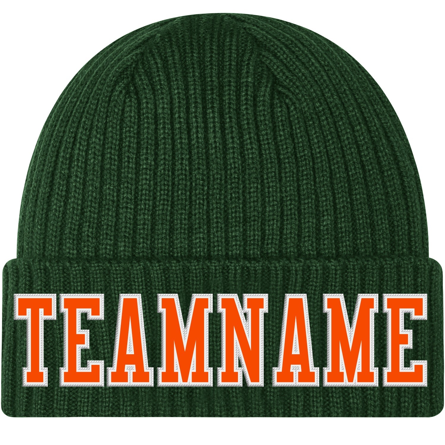 Custom Green Orange-White Stitched Cuffed Knit Hat - Main View