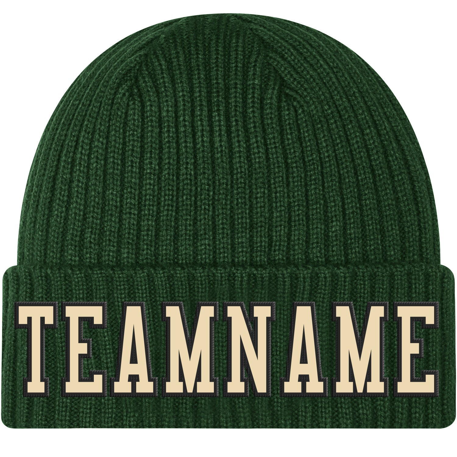 Custom Green Cream-Black Stitched Cuffed Knit Hat - Main View